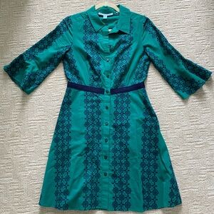 Draper James Green Button-Up Dress with Navy Accents